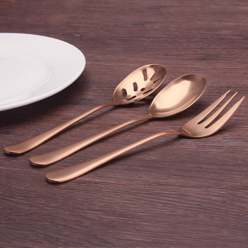 sharecook Matte Rose Gold Serving Setï¼ŒSHARECOOK 5-Piece 18/0 Stainless Steel Large Hostess Set with Round Edge, Satin Finished, Dishwasher Safe -Spoons, Forks,Butter Knife& Slotted Spoon - Image 5